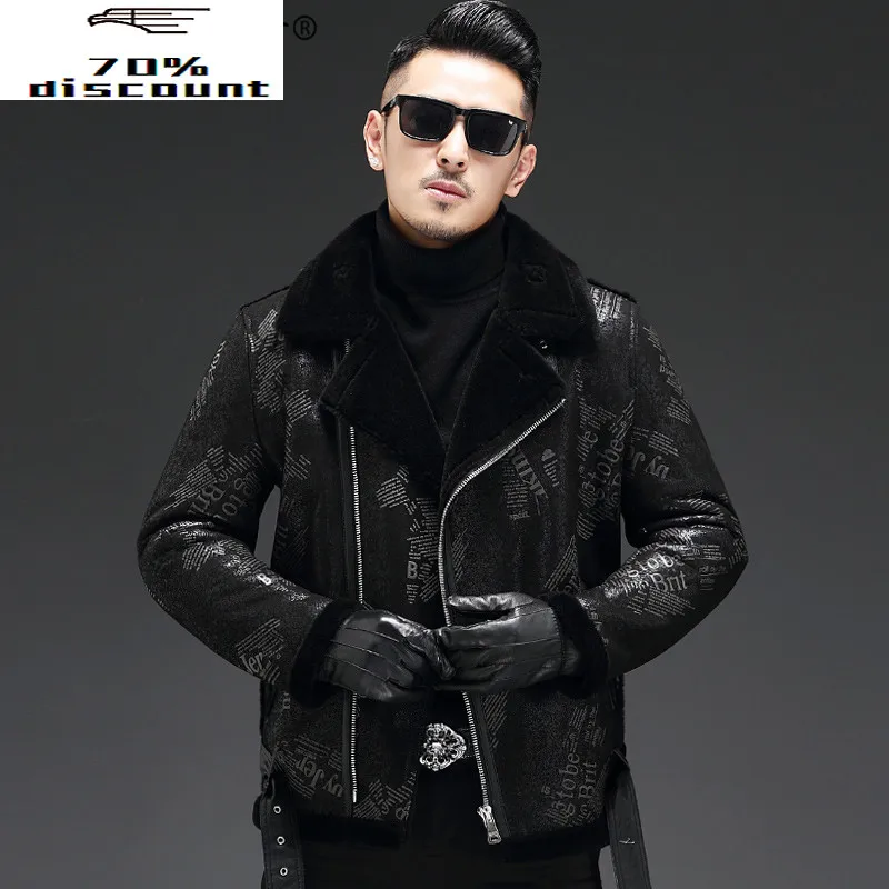 

2020 New Genuine Leather Jacket Men Winter Sheep Shearling Jacket Warm Leather Coat Real Wool Fur Lining 29-3002 KJ3280