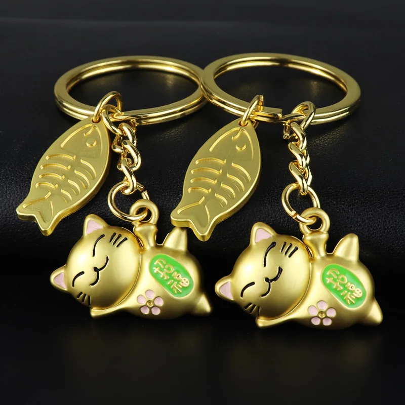 Gold Blessing Smiling Cat Fish Flower Keychain Metal Lucky Fortune Key Ring Rich Wealth Kitten Holder Fashion Animal Jewelry | Украшения и