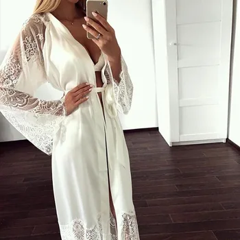 

Fashion Sexy Pajama Dress Lingerie with Robe Long Sleeve Lace Nightgown with Belt Sleepwear Satin Women Bridesmaid Bathrobe 056