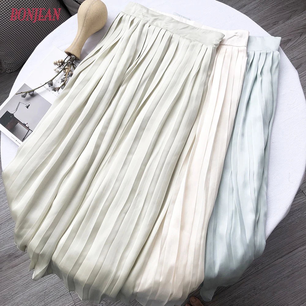 

Spring and Autumn New Fashion Women's High Waist Pleated Solid Color Half Length Elastic Skirt Vintage All-match Chiffon Skirts
