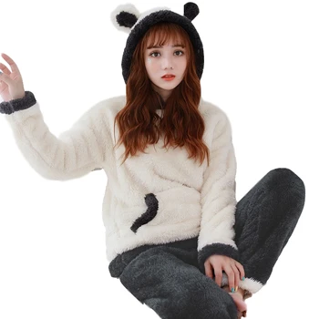 

Long-Sleeved Pajamas Sleep Pants Suit Cute Pajamas Sett 2020 New Flannel Winter Korean Sweet Cute Warm Home Service