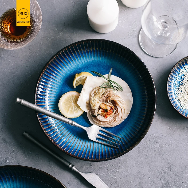 RUX WORKSHOP Japanese Western Ceramic Plate Steak dish Round breakfast plate Blue kitchen dining tableware Cake dessert plate