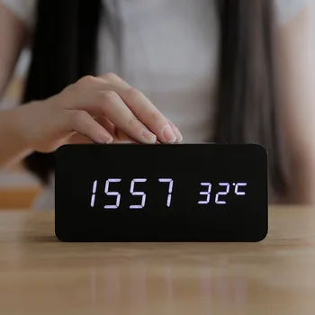 

Multicolor Sound Control Wooden Wood Square LED Alarm Clock Desktop Table Digital Thermometer Wood USB/AAA Date Display C1861 j