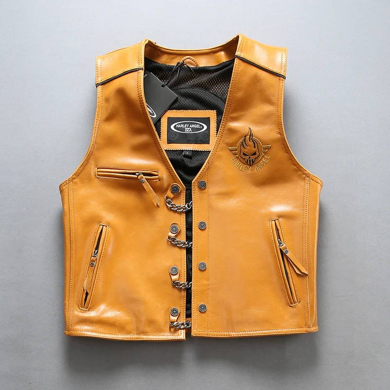

New Style 2020 Men's Genuine Leather Motorcycle Yellow Back 3D Skull Punk Thick Cowhide Vest Bomber Sleeveless Jacket