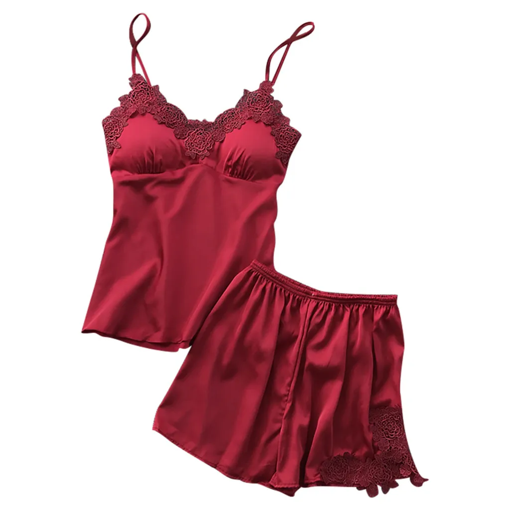 Женское сексуальное атласное белье на бретельках, сексуальное женское белье, кружевное ночное белье, комплект нижнего белья, женская одежда для сна, пижамы@ 50 - Цвет: Кораллово-Красный