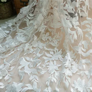 

135cm Width Ivory Vintage Embroidered Lace Fabric with Heavy Floral Embroidery High-end Luxury Wedding Bridal Gown Lace Fabric