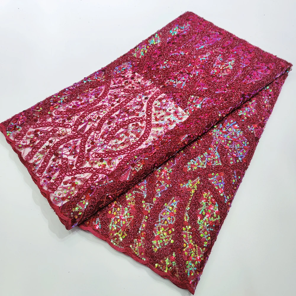 

New Wine African Lace Fabric 5 Yards 2022 High Quality Sequin Net Embroidery Nigerian Wedding Gown Material French Lace Fabric