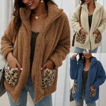 

Women Autumn Solid Color Lapel Collar Leopard Print Pockets Zip Fleece Coat