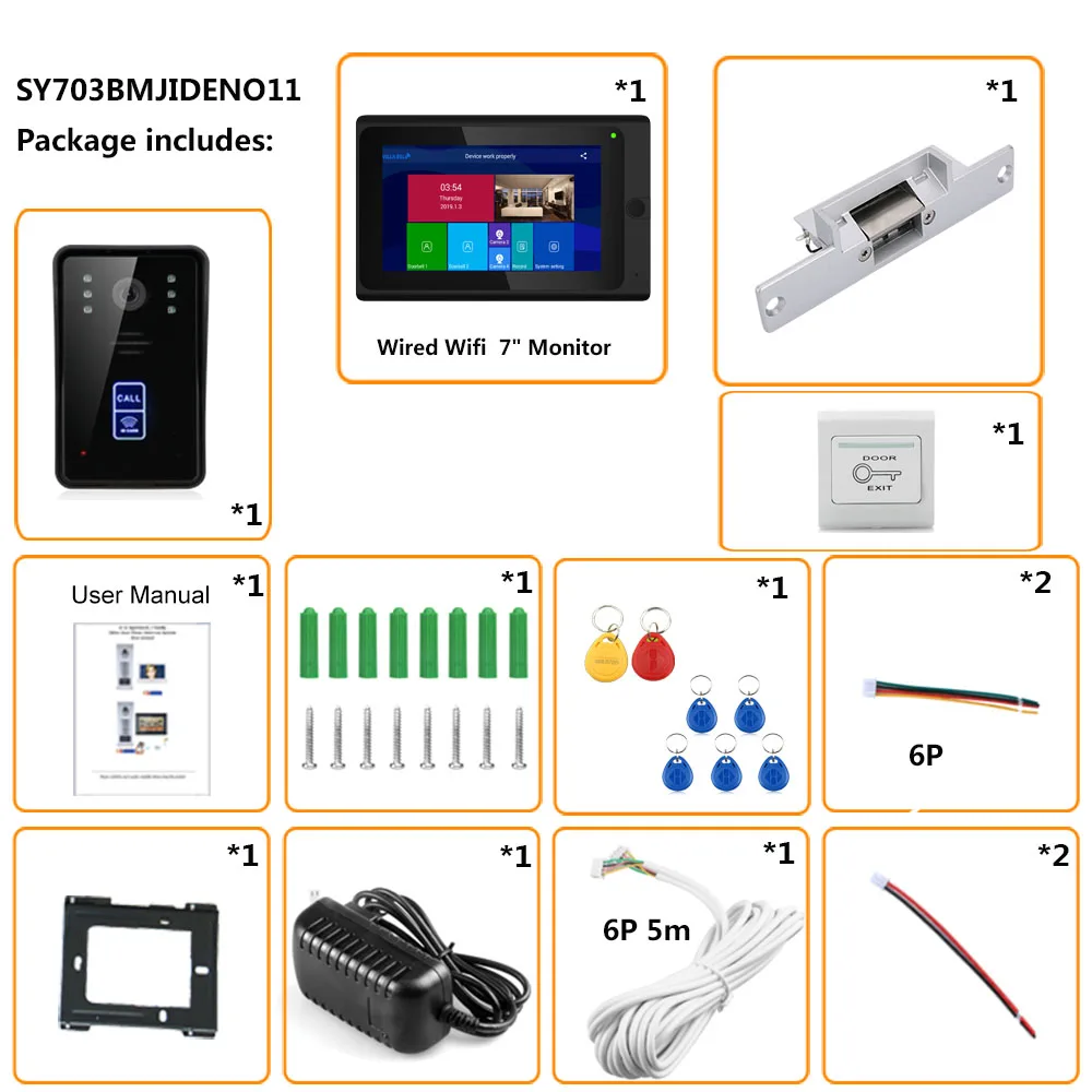 7 дюймовые часы с записью времени беспроводной Wifi RFID видео-телефон двери дверной звонок Домофон Система входа без электрического удара дверной замок