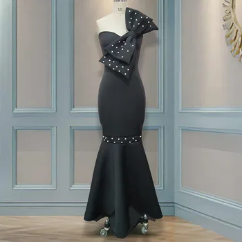 

Black Bead Women Mermaid Dress Strapless Sexy Bow Tie Party Dinner Long Dress Trumpet Elegant African Maxi Dress Femme Vestiods