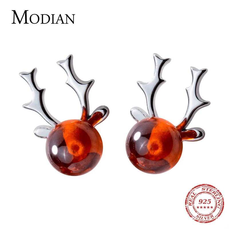 Modian Серебро милый маленький красный кристалл серьги гвоздики в виде оленя для