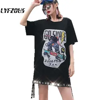 

Summer Skateboard Boy Print T Shirt Women Black Loose Short Sleeve Tees Hip Pop Metal Ring Long T-shirt With Ribbon
