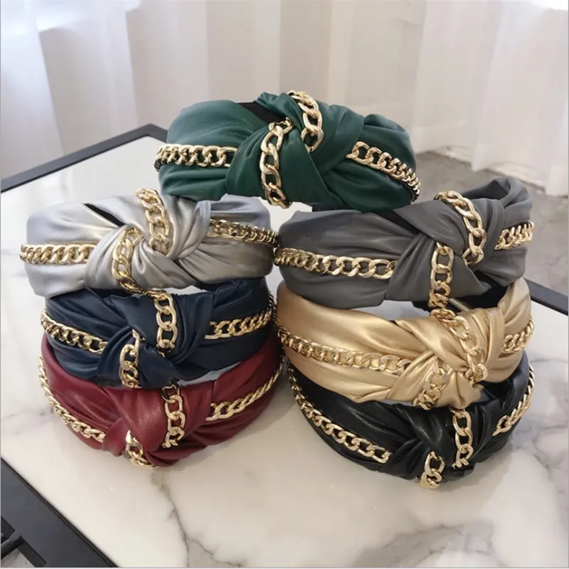 Высококачественные эксклюзивные аксессуары для волос, женская кожаная повязка на голову с широкими полями и цепочкой, модная повязка на голову для девушек