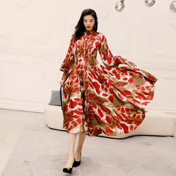 

New Korean Fashion 2020 Spring Style Women Sexy Wild Prints Tunic Button Lantern Sleeve Casual Long Maxy Dress Yellow