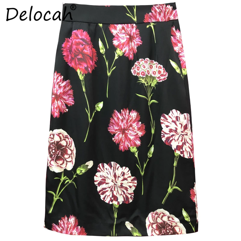 Delocah 2019 Autumn Winter Women Skirt Runway Fashion Designer Carnation Printed 100% Silk Elegant Slim Lady Knee-Length Skirts