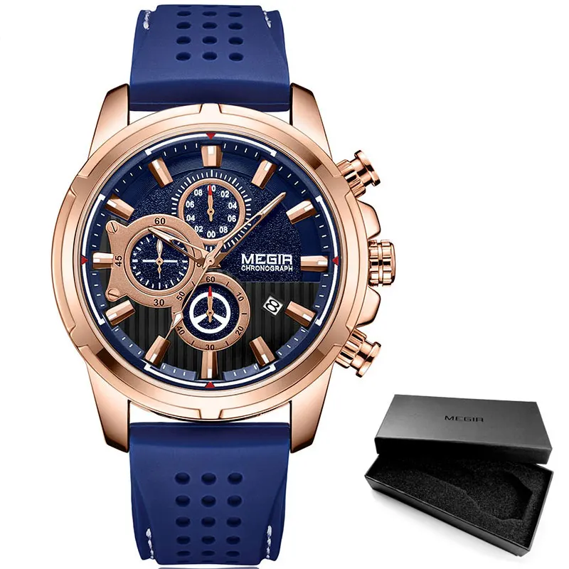 MEGIR армейские спортивные кварцевые часы, мужские наручные часы с хронографом и силиконовым ремешком, роскошные часы от ведущего бренда Relogios Mascuoino, часы, серебро 2101 - Цвет: MN2101G-Blue rose