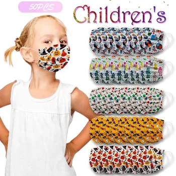 

50 Pcs Kids Disposable Mask For Face Halloween Print Non-Woven 3 Layer Face Masks For Germ Protection Mascarillas Flag Bandana