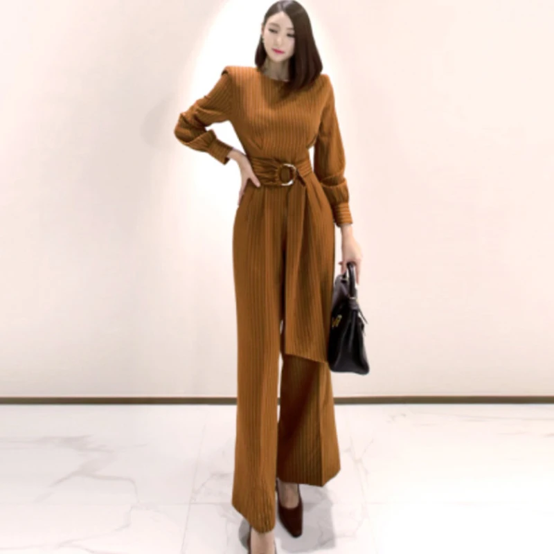 H Han Queen Solid Color Vintage Wide Leg Jumpsuits Women Autumn Winter Adjustable Waist Rompers Casual Bottoming Playsuits - Цвет: Brown