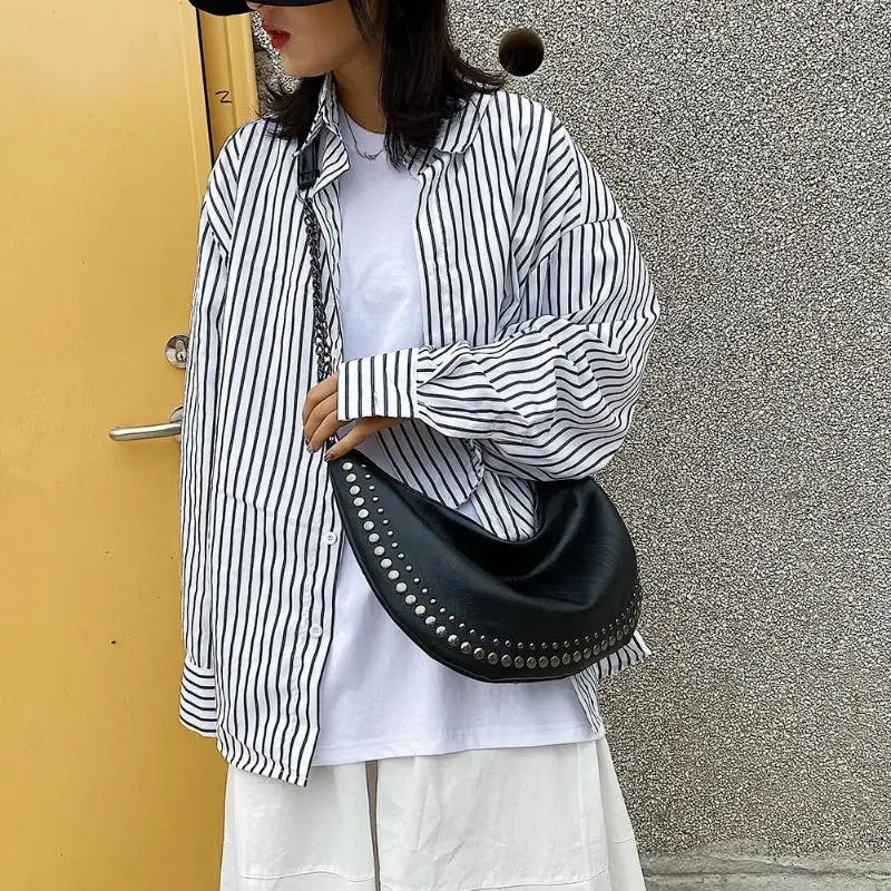 Female Casual Solid Color PU Leather Crossbody Bag Women Fashion Rivet Black Semicircle Shoulder Messenger Handbag