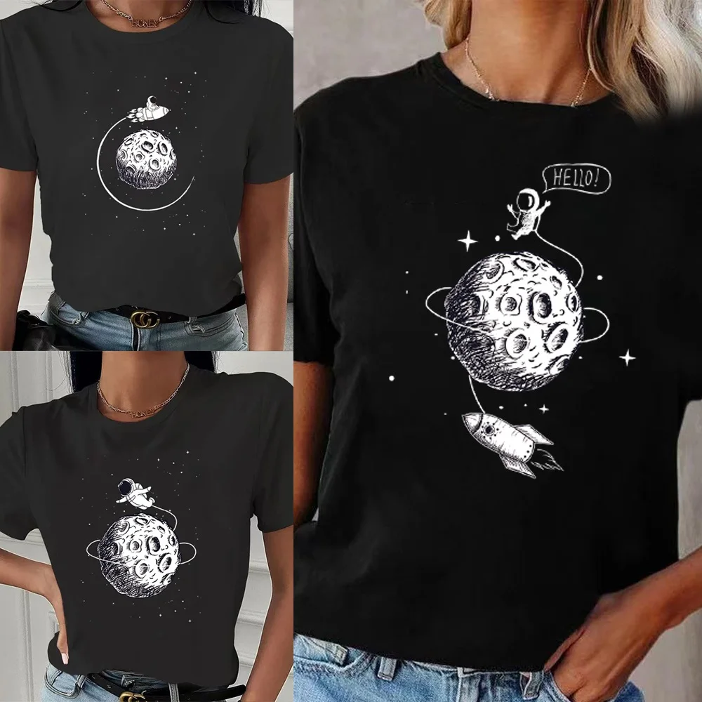 Camicia allentata Casual o-collo da donna estiva manica corta moda T-shirt nera tendenza moda stampa astronauta Hip Hop Streetwear