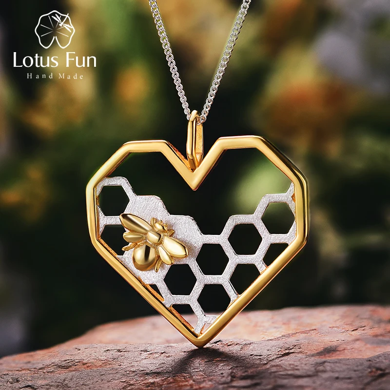 

Lotus Fun 925 Sterling Silver Gold Honeycomb Honey Bee Heart Pendant without Necklace Chain Valentines Day Gifts for Girlfriend