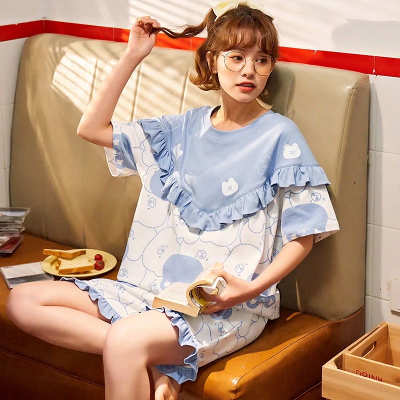 Summer Elegant Light Blue Pajamas Set Korean Lace Cute Women Nightwear Cartoon Little Bear Printed Cotton Short Sleeve Sleepwear | Женская