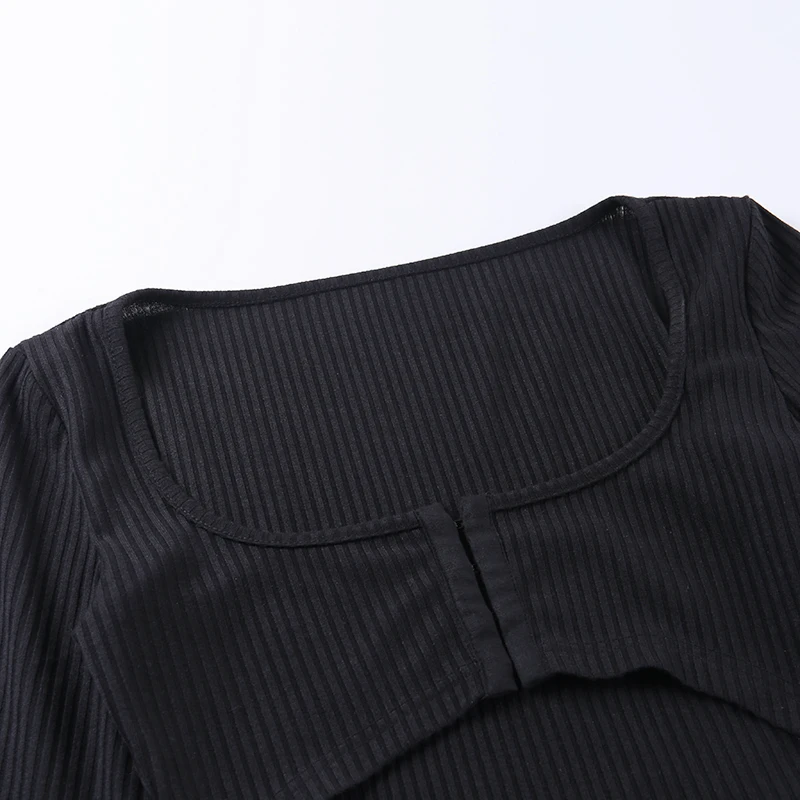 WannaThis черная укороченная рубашка с длинным рукавом, женский сексуальный укороченный топ с глубоким круглым вырезом, модная новинка осени, обтягивающий короткий топ, трикотажный топ в рубчик