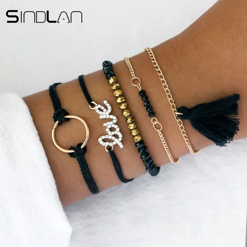 

Sindlan 5PCS Cool Black Tassel Crystal LOVE Letters Bracelets for Women European Fashion Boho Charm Bracelets Set Gothic Jewelry