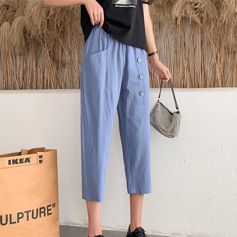 

Women's Trousers Summer Women Slacks Cotton Linen Material Elastic Waistband Pants Fashionable Casual Plus Size Ladies Pants