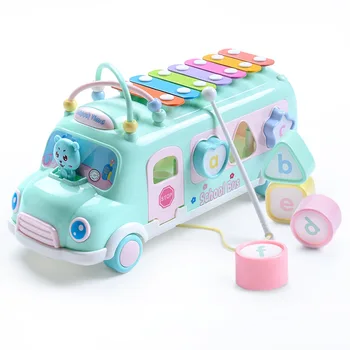 

8PCS/Set Multifunction Early Educational Car Toys Baby Learning Music 5 In 1 Bus Plastic Blocks Round Beads Kids Birthday Gift