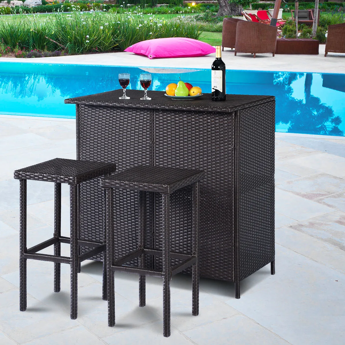 Costway 3pcs Rattan Wicker Bar Set Patio Outdoor Table 2 Stools