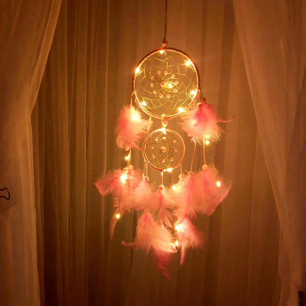 Светодиодный Ловец снов с гирляндное освещение для девочек комната ручной работы Ловец снов перья ночник автомобильный настенный Декор для дома