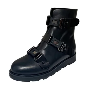 preço Sapatos Femininos Inverno Fivela De Metal Zip Tornozelo Plataforma Botas Marca Moda Pele De Couro Goth Botas Femmes Bottes Donne Stivali