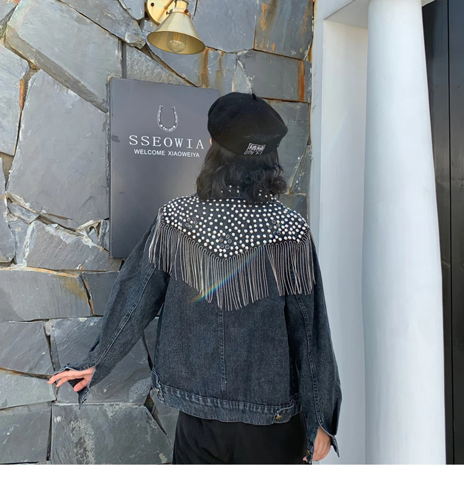 Осенняя джинсовая куртка для женщин, уличная одежда Harajuku, зимняя куртка с заклепками, однобортная куртка с кисточками и цепочкой, пальто и куртки для женщин