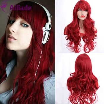 

AILIADE 2020 Long Wavy Synthetic Hair Bangs Wigs Heat Resistant Fiber Red Color For Female African American Party Cosplay