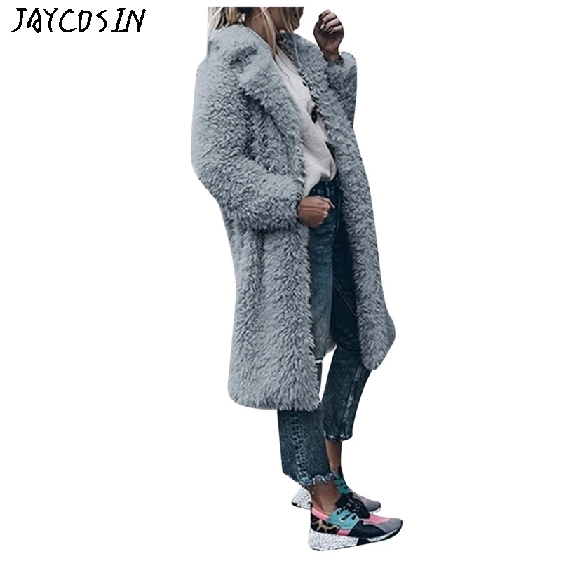 JAYCOSIN, индивидуальное цветное пальто, женское теплое пальто из искусственной шерсти, куртка с отворотом, длинная стильная зимняя верхняя одежда, меховая куртка#09