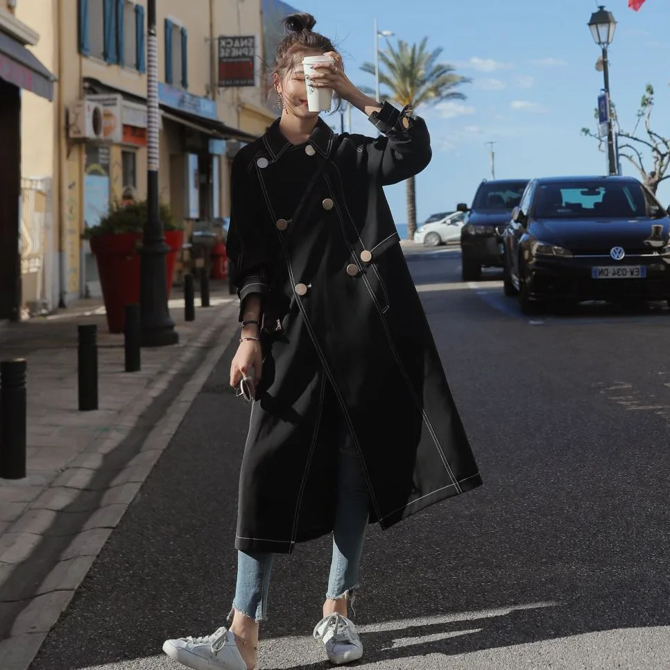 

Photo Shoot CHIC Hepburn-Style Black And White with Pattern Open Wire Fold-down Collar Metal Double Breasted Loose-Fit Elegant O