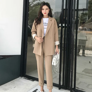 

2 Two Piece Set Women Blazer and Long Pencil Pants Trouser Tracksuit Plus Size Jacket Outfits Double Breasted Office Lady Suit