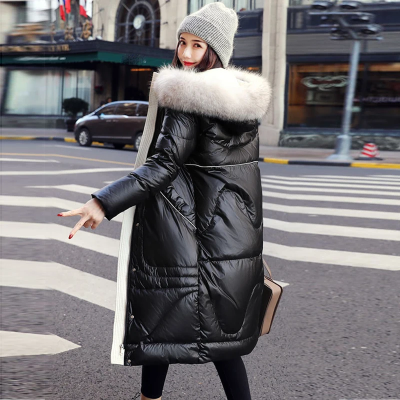 90% белая куртка-пуховик для женщин, плотное удлиненное худи, зимнее пальто из натурального меха енота, Женская куртка-пуховик Doudoune Femme - Цвет: Черный