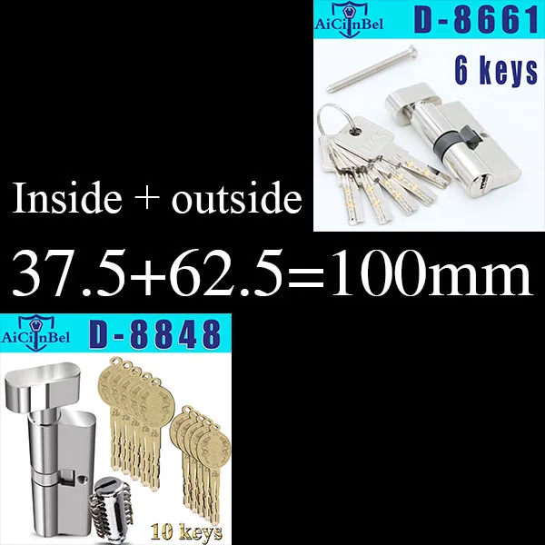 Европейский стандарт, дверной цилиндр, медный замок, цилиндр, внутренний, для спальни, гостиной, безопасная дверная ручка, латунный замок для ключей - Цвет: 100mm37.5add62.5