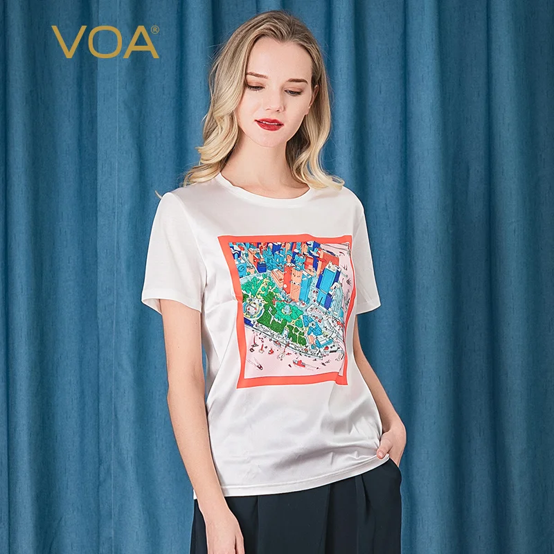 

Voa Silk Stretch Satin Seaside Urban Print Round Neck Stitching Short Sleeve T-shirt Female Bg50 Tshirt Harajuku t Shirt Women