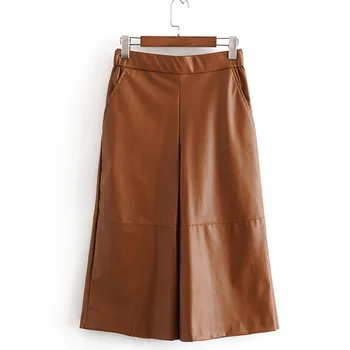

Chic PU Leather Wide Leg Pants Women Fashion Elastic Waist Trousers Elegant Ladies Knee Length Pants