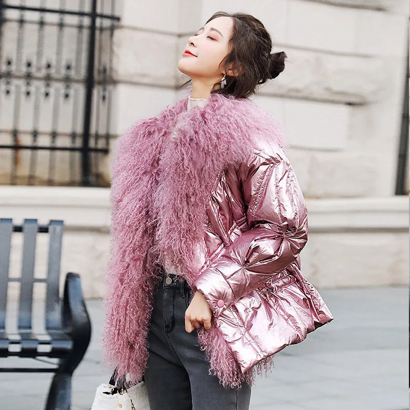 

Large Real Fur Collar 2019 Winter Jacket Women 90% White Duck Down Coats Short Loose Parkas Outerwear Waterproof Glossy Jackets
