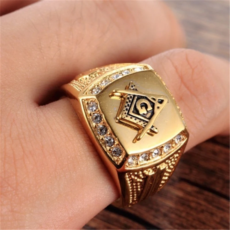 Vintage Stainless Steel Ring For Men Masonic Bands Letter Crystal Inlaid Jewelry Anniversary Men Christmas Gift Finger Ring