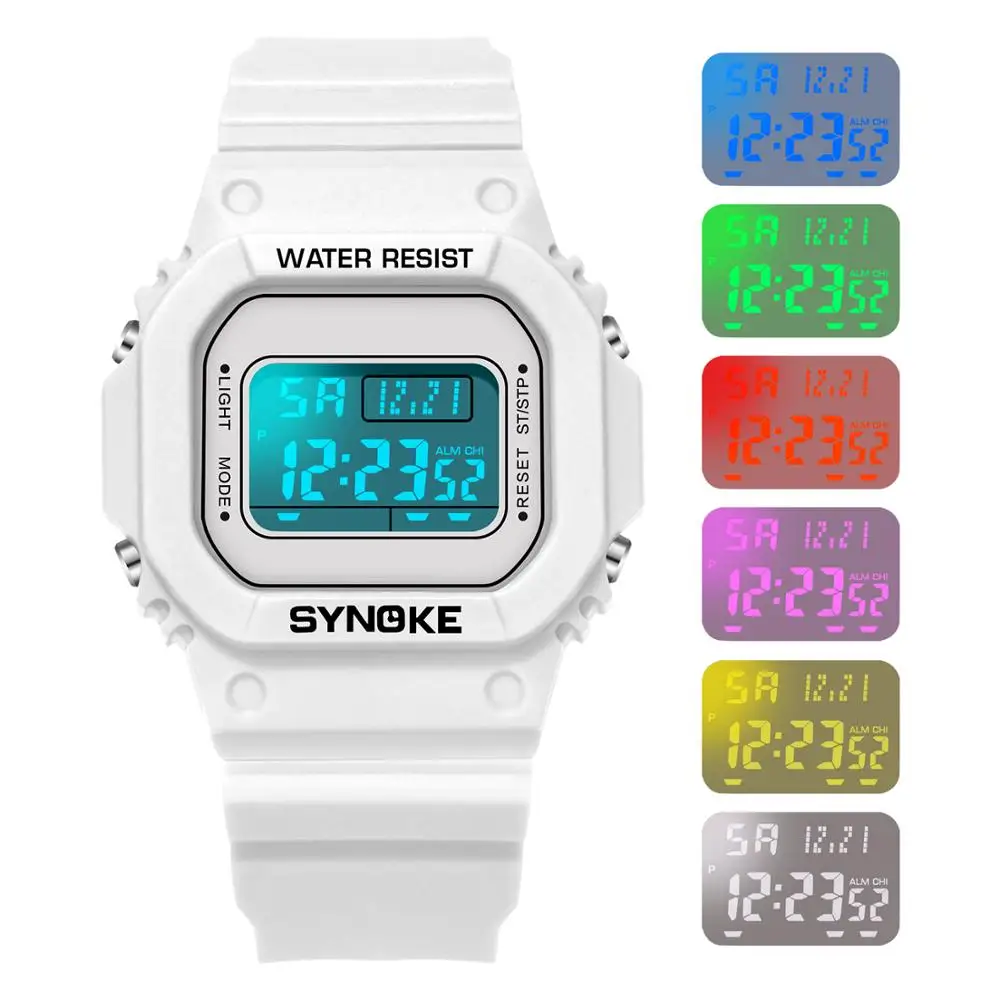 SYNOKE унисекс Мужские Цифровые часы жизнь водонепроницаемый красочный светодиодный спортивные часы Будильник Секундомер Часы повседневные женские цифровые часы