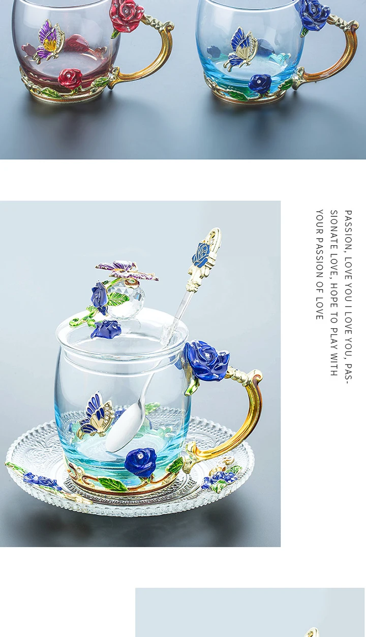 Beauty And Novelty Enamelled glass Coffee Cup Flower Tea Cups for Hot and Cold Drinks Teacup Spoon Set Perfect Fashion Gift