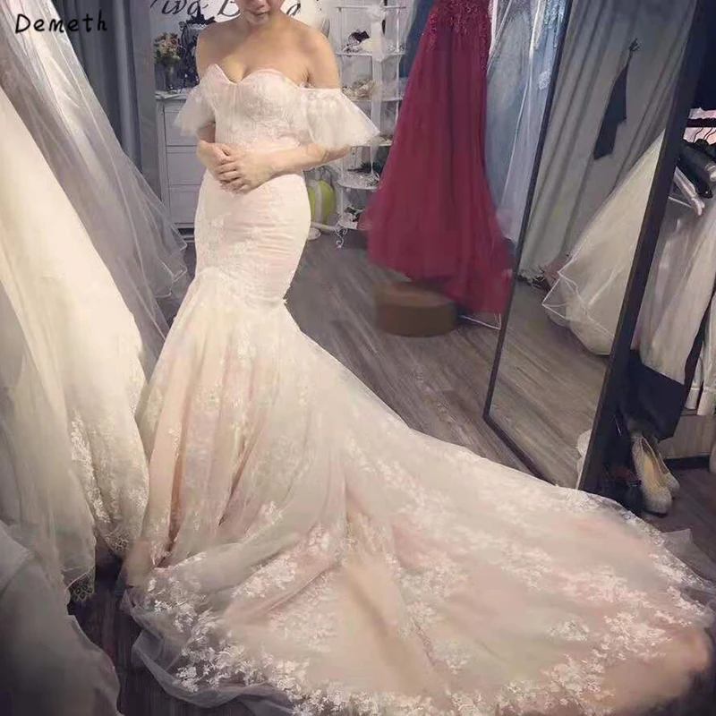 Румяна Цвет Русалка пляжные свадебные платья Дешевые с открытыми плечами