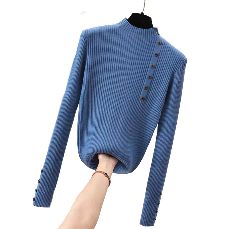 

Women Blue Slim Soft Jumper Sweater Female Knit Tops Button Turtleneck Sweater Women Spring Autumn Solid Knitted Pullover