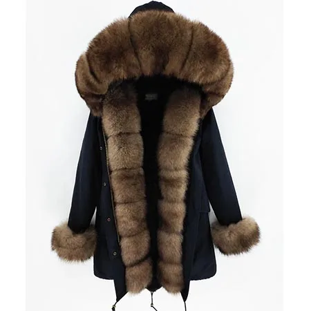 Woman winter new casual real fur coat parkas Real Fox Fur Collar faux fur lining Thick Warm Real Fur Coat Long Parka - Цвет: 1