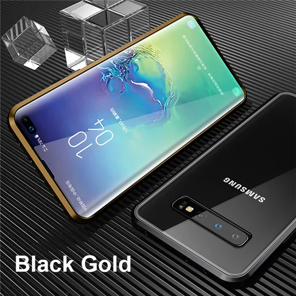 Прозрачный чехол S9 для samsung S10 5G чехол с магнитным металлическим стеклом задняя крышка тонкий чехол для samsung Galaxy S8 S10 Plus S10E Funda - Цвет: Black Gold